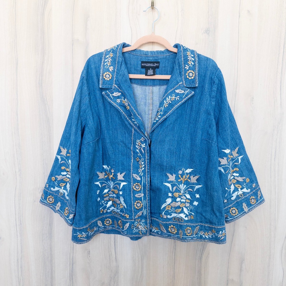 Vintage Womens Denim Embroidered Jacket Size 16 Blue Floral Bird Boho Cottage